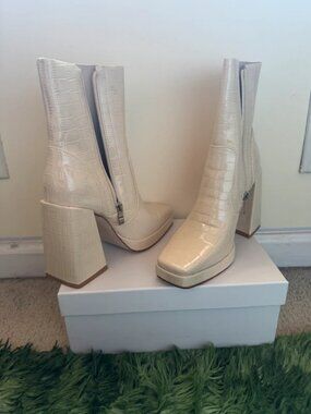 Cream Faux Leather Croc Print Ankle Boots